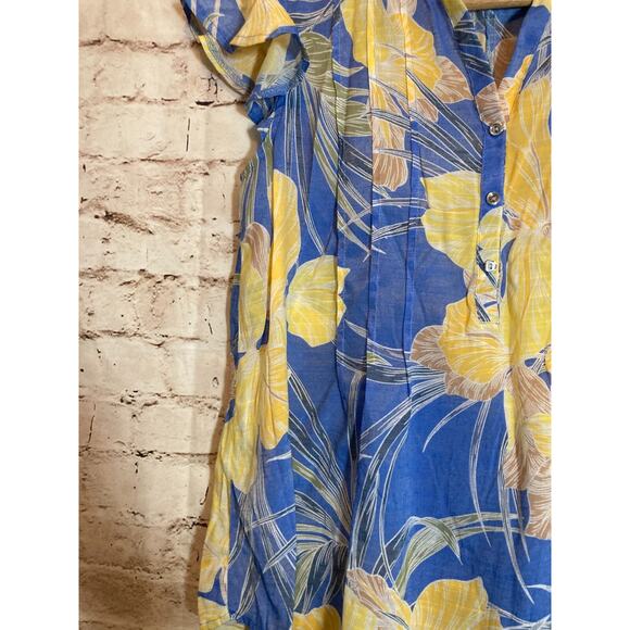 Cocomo Popover Top Womens Medium Cobalt & Yellow Tropical Floral Flutter Sleeve - Picture 4 of 12